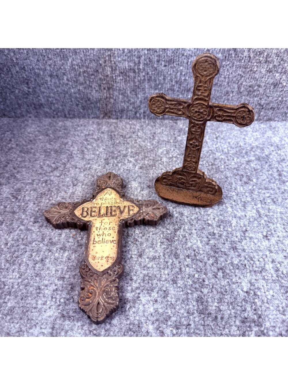 Lot of 2 Rustic Christian Crosses - "Believe" Mark 9:23 Wall/Desk Plaque & Ornat